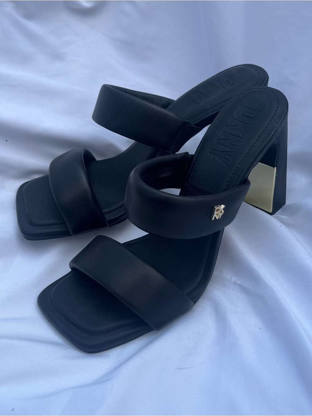 DKNY Black Double-Strap Block Heel Sandals with Gold Accent